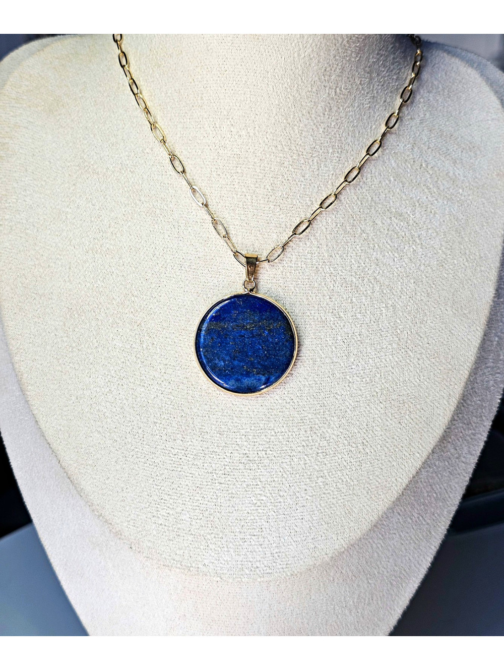 Vibrant Blue Lapis Lazuli Round Pendant Gold-plated Adjustable Link Necklace
